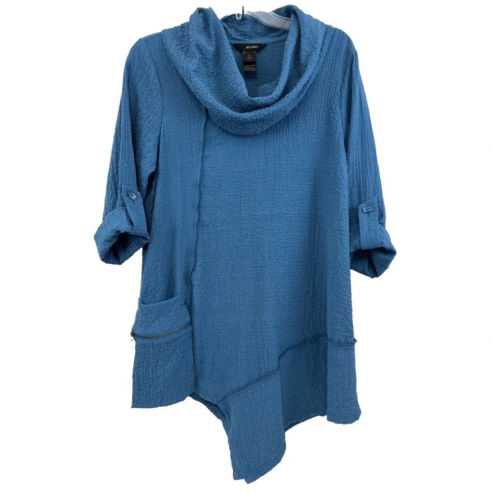 Ali Miles Women's Blue Cowl Neck Tunic Top Textured Asymmetric Size M Pocket